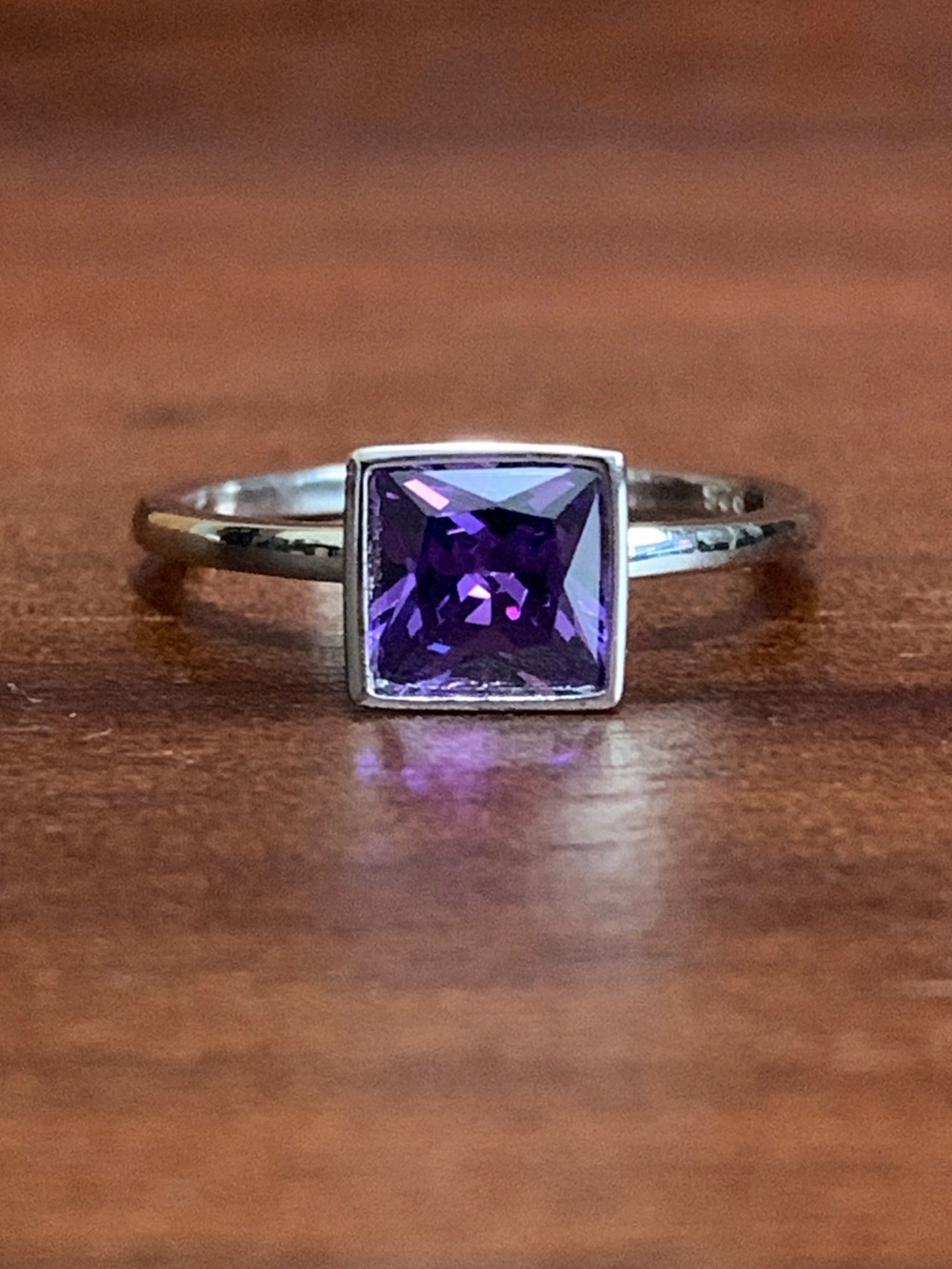 New 925 Silver Princess Cut Solitaire Amethyst CZ Ring